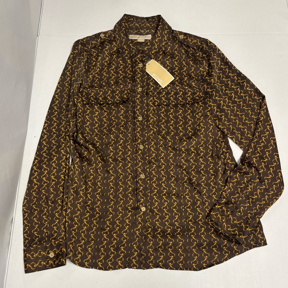 Michael Kors Brown Shirt with Gold Chain Pattern Sz M New w Tag